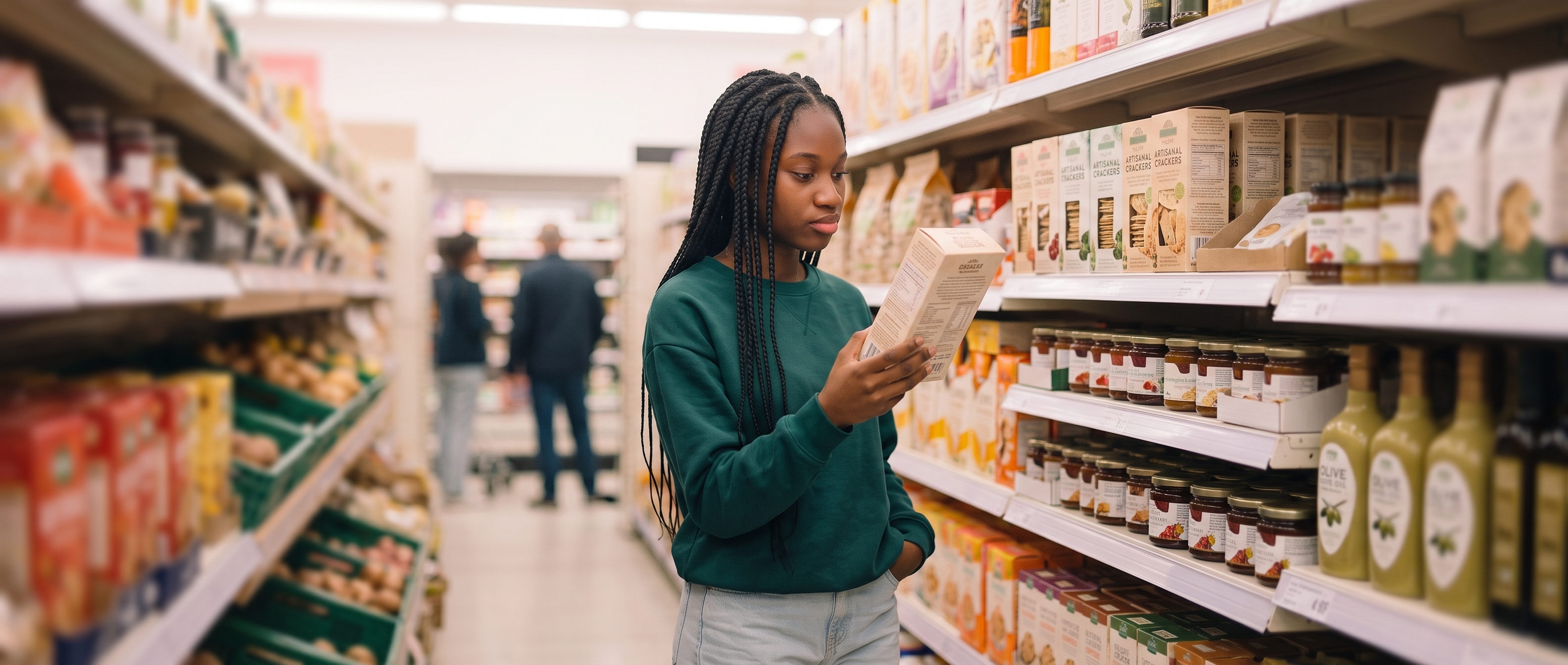 A woman comparing food labels while shopping